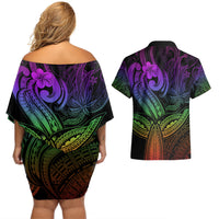 Polynesia Couples Matching Off Shoulder Short Dress and Hawaiian Shirt Whale Tale and Polynesian Sunset Plumeria Rainbow LT9 - Polynesian Pride