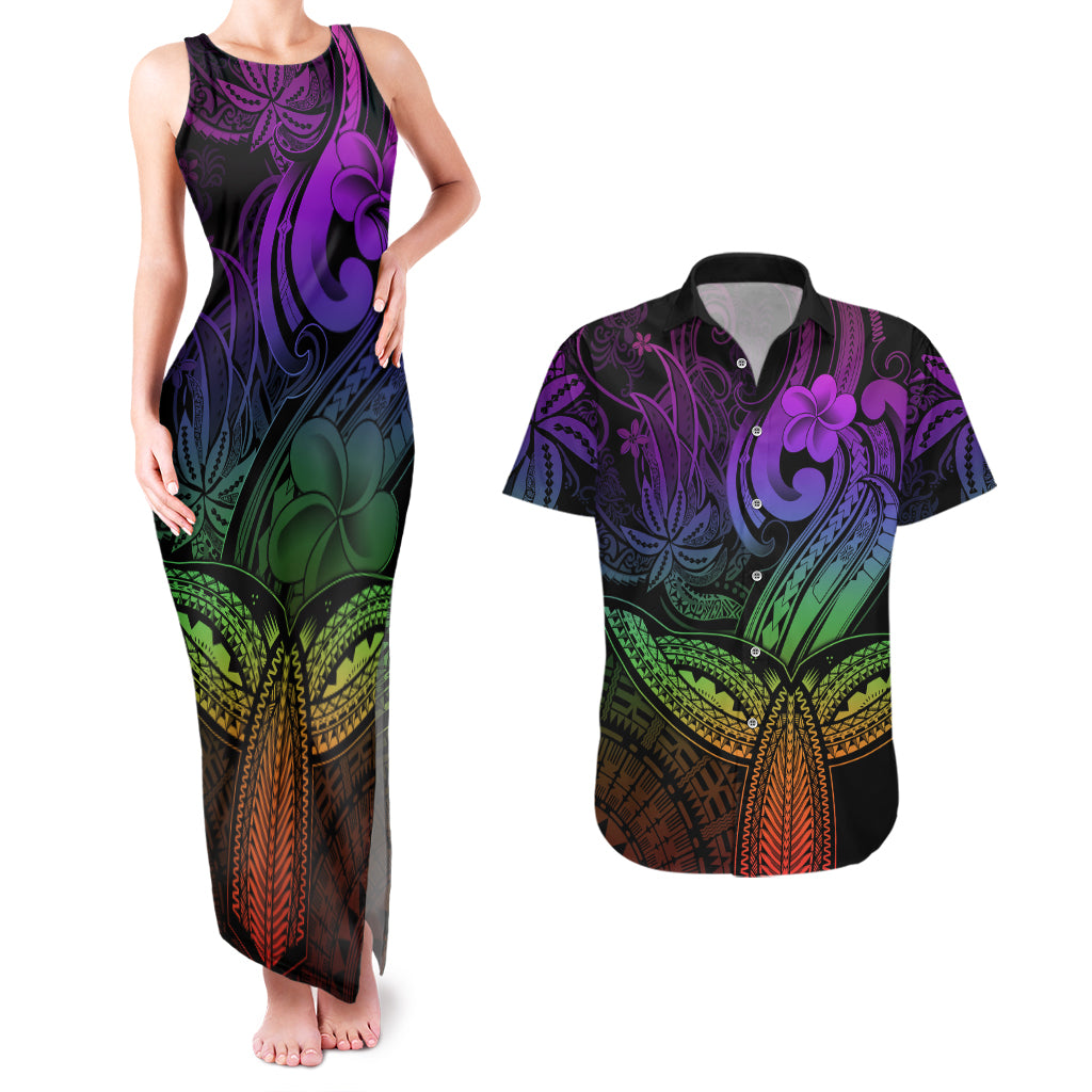 Polynesia Couples Matching Tank Maxi Dress and Hawaiian Shirt Whale Tale and Polynesian Sunset Plumeria Rainbow LT9 Rainbow - Polynesian Pride