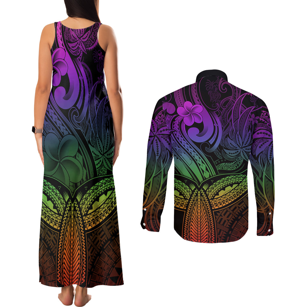 Polynesia Couples Matching Tank Maxi Dress and Long Sleeve Button Shirts Whale Tale and Polynesian Sunset Plumeria Rainbow LT9 - Polynesian Pride