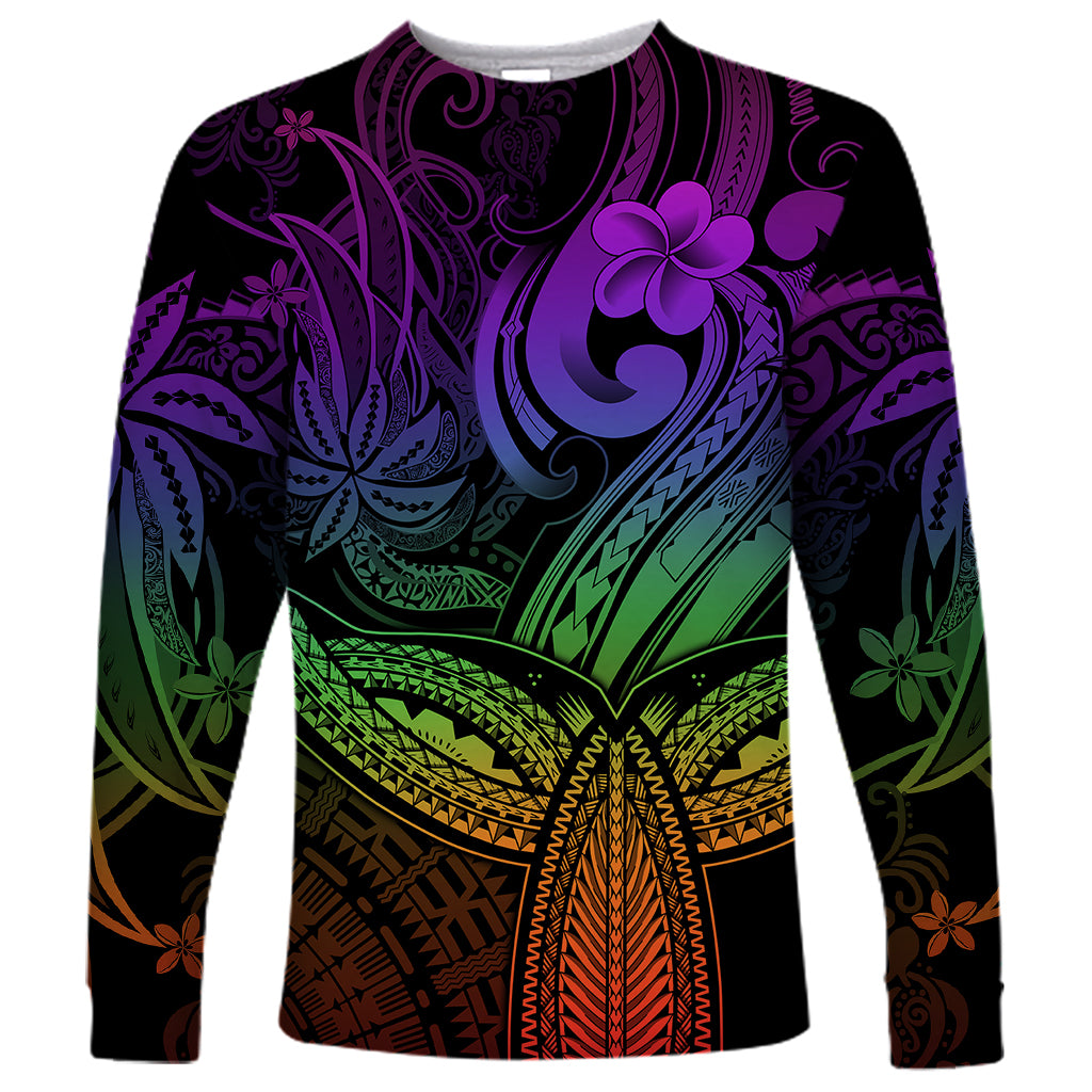 Polynesia Long Sleeve Shirt Whale Tale and Polynesian Sunset Plumeria Rainbow LT9 Unisex Rainbow - Polynesian Pride