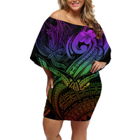Polynesia Off Shoulder Short Dress Whale Tale and Polynesian Sunset Plumeria Rainbow LT9 Women Rainbow - Polynesian Pride