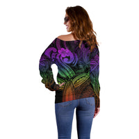 Polynesia Off Shoulder Sweater Whale Tale and Polynesian Sunset Plumeria Rainbow LT9 - Polynesian Pride