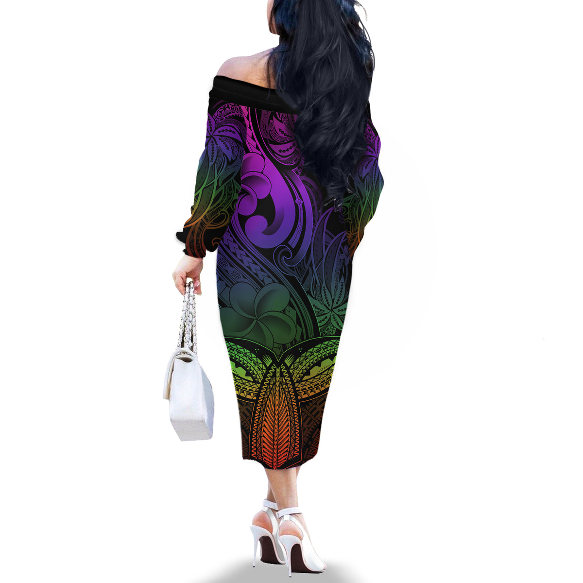 Polynesia Off The Shoulder Long Sleeve Dress Whale Tale and Polynesian Sunset Plumeria Rainbow LT9 - Polynesian Pride