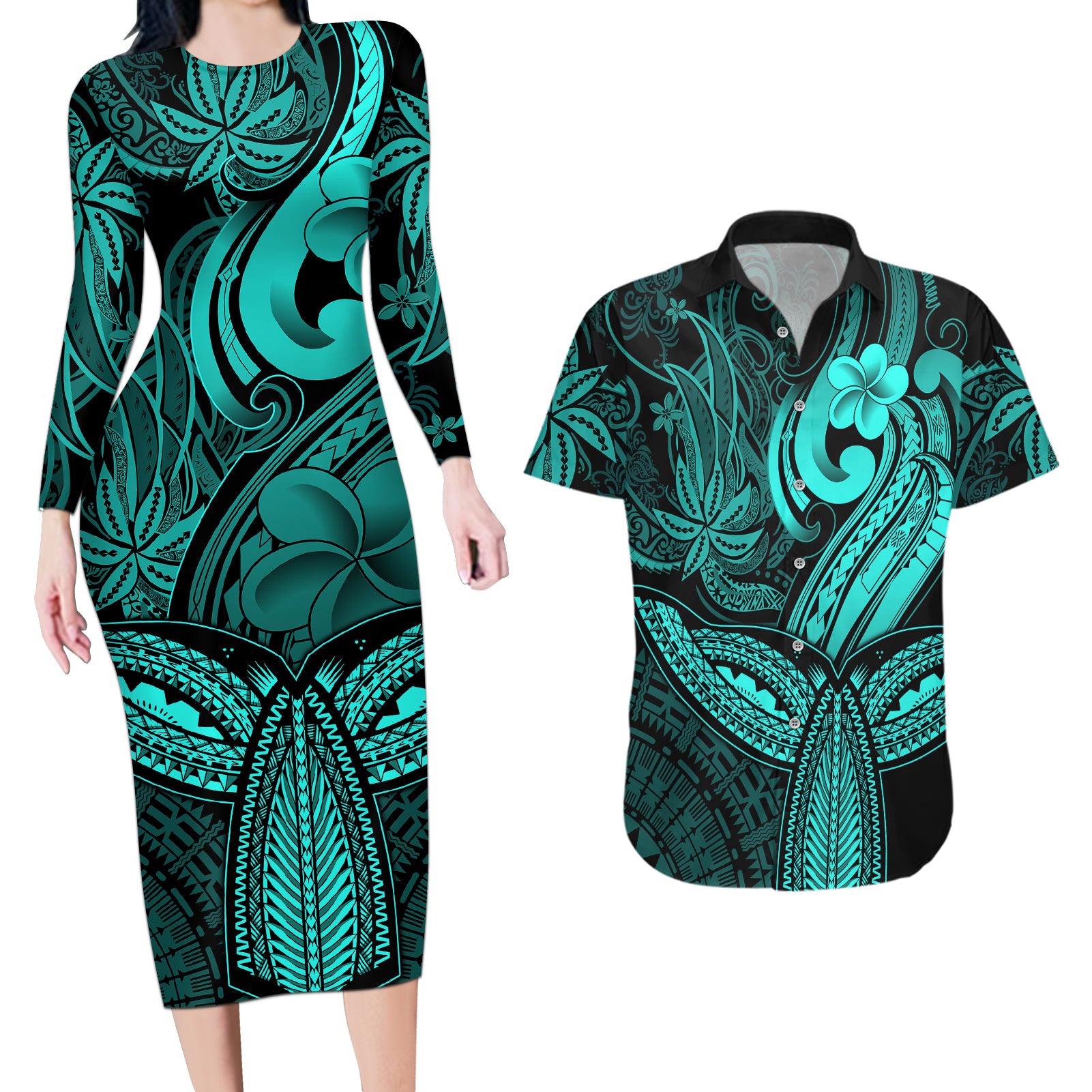 Polynesia Couples Matching Long Sleeve Bodycon Dress and Hawaiian Shirt Whale Tale and Polynesian Sunset Plumeria Turquoise LT9 Turquoise - Polynesian Pride