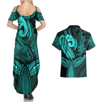 Polynesia Couples Matching Summer Maxi Dress and Hawaiian Shirt Whale Tale and Polynesian Sunset Plumeria Turquoise LT9 - Polynesian Pride