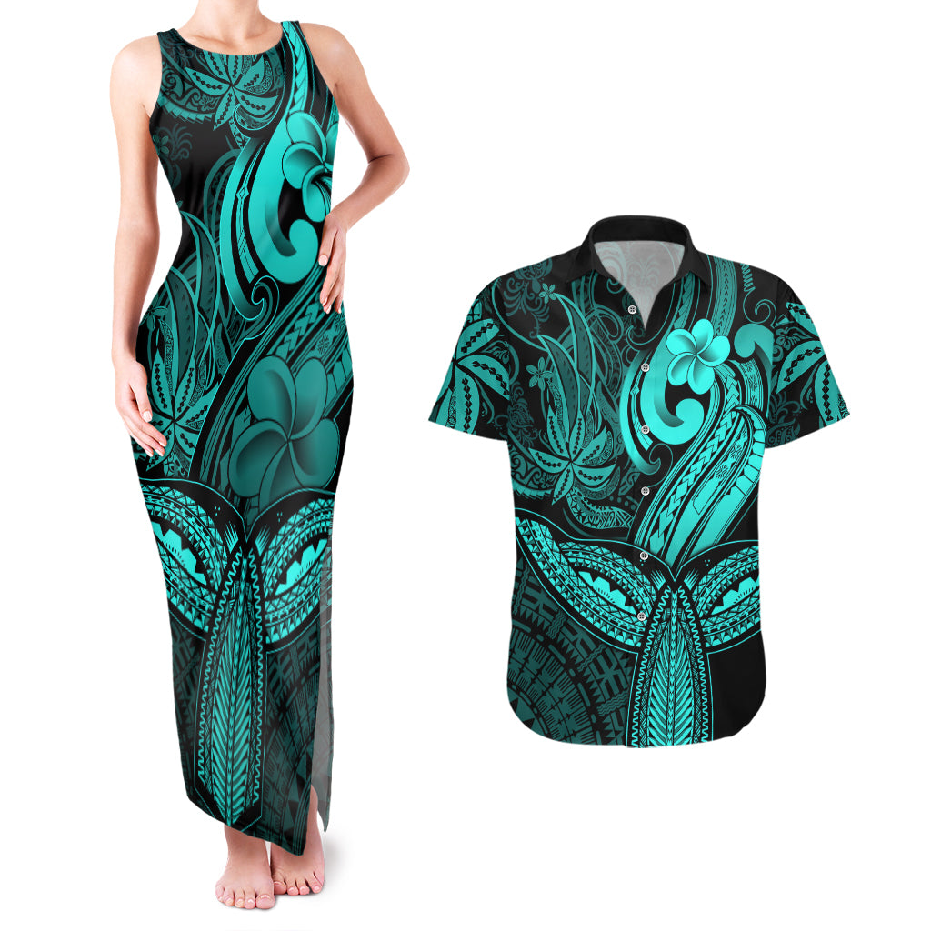 Polynesia Couples Matching Tank Maxi Dress and Hawaiian Shirt Whale Tale and Polynesian Sunset Plumeria Turquoise LT9 Turquoise - Polynesian Pride