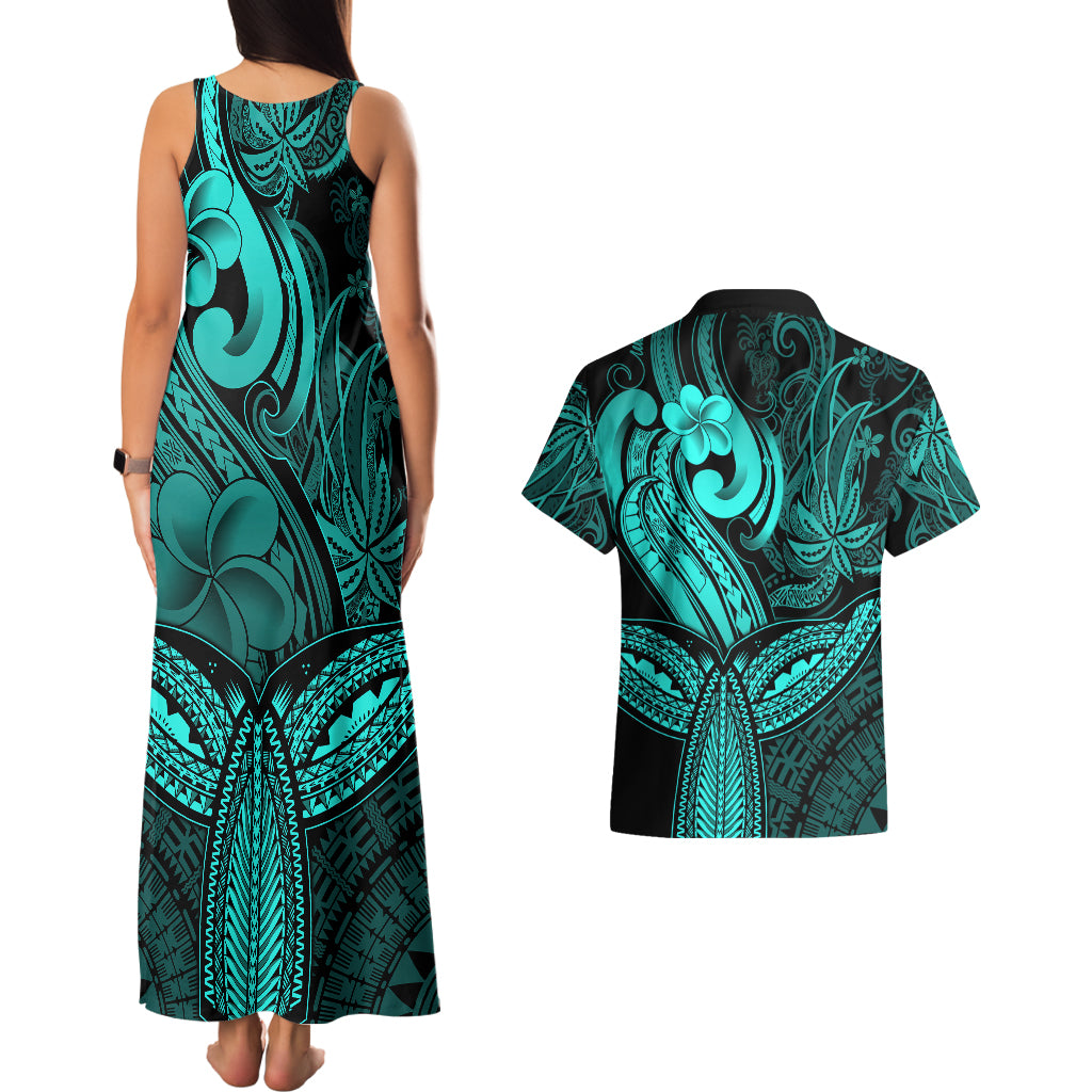 Polynesia Couples Matching Tank Maxi Dress and Hawaiian Shirt Whale Tale and Polynesian Sunset Plumeria Turquoise LT9 - Polynesian Pride
