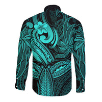 Polynesia Long Sleeve Button Shirt Whale Tale and Polynesian Sunset Plumeria Turquoise LT9 - Polynesian Pride