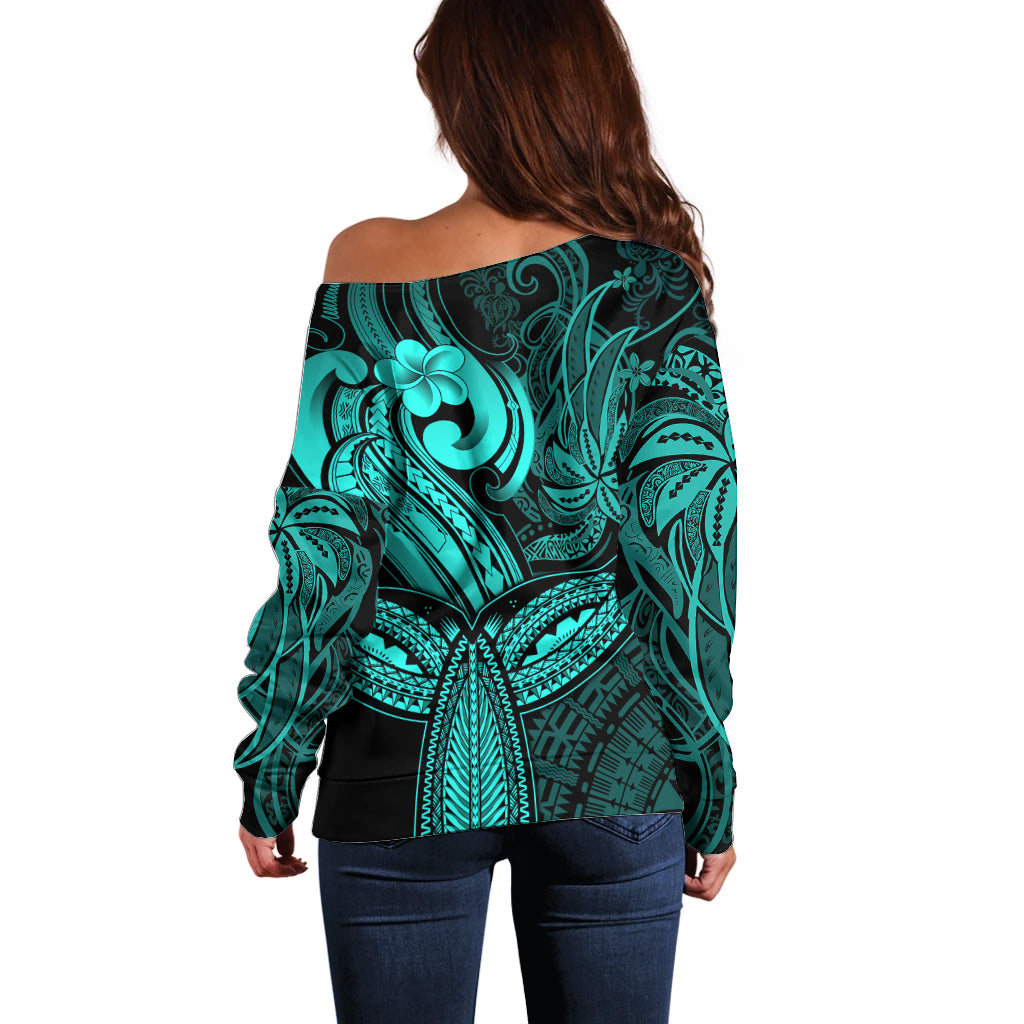 Polynesia Off Shoulder Sweater Whale Tale and Polynesian Sunset Plumeria Turquoise LT9 - Polynesian Pride