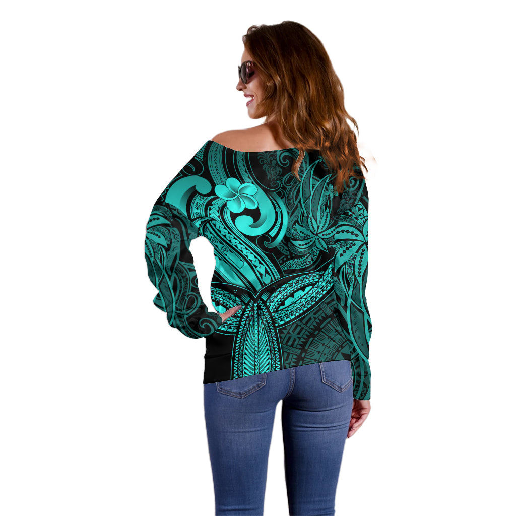 Polynesia Off Shoulder Sweater Whale Tale and Polynesian Sunset Plumeria Turquoise LT9 - Polynesian Pride