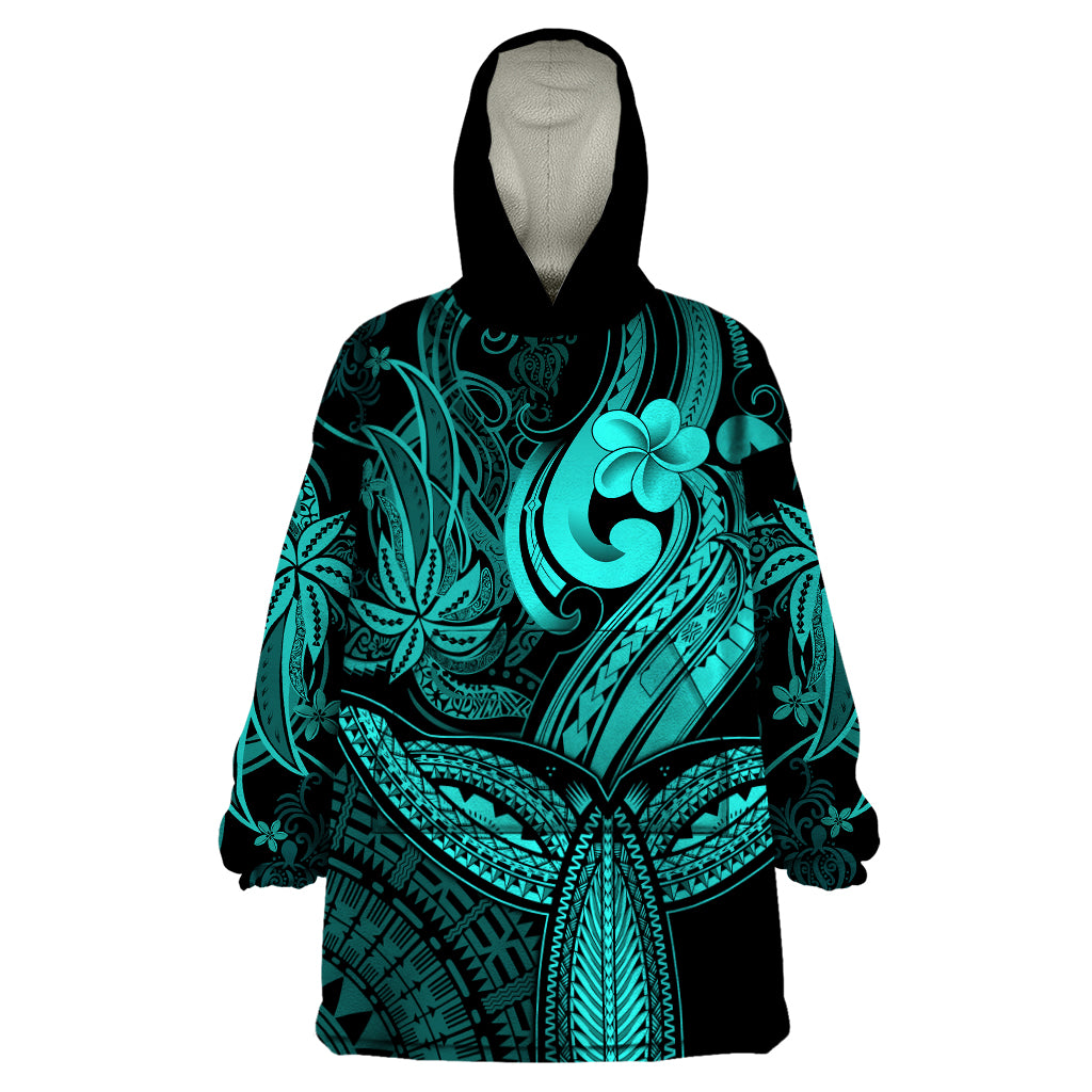 Polynesia Wearable Blanket Hoodie Whale Tale and Polynesian Sunset Plumeria Turquoise LT9 One Size Turquoise - Polynesian Pride