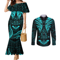 FSM Chuuk States Couples Matching Mermaid Dress and Long Sleeve Button Shirts Micronesia Vintage Polynesian Tribal Aqua Version LT9 Aqua - Polynesian Pride
