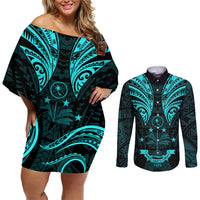FSM Chuuk States Couples Matching Off Shoulder Short Dress and Long Sleeve Button Shirts Micronesia Vintage Polynesian Tribal Aqua Version LT9 Aqua - Polynesian Pride