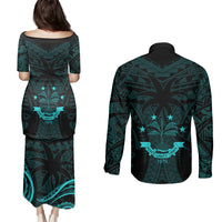 FSM Chuuk States Couples Matching Puletasi Dress and Long Sleeve Button Shirts Micronesia Vintage Polynesian Tribal Aqua Version LT9 - Polynesian Pride