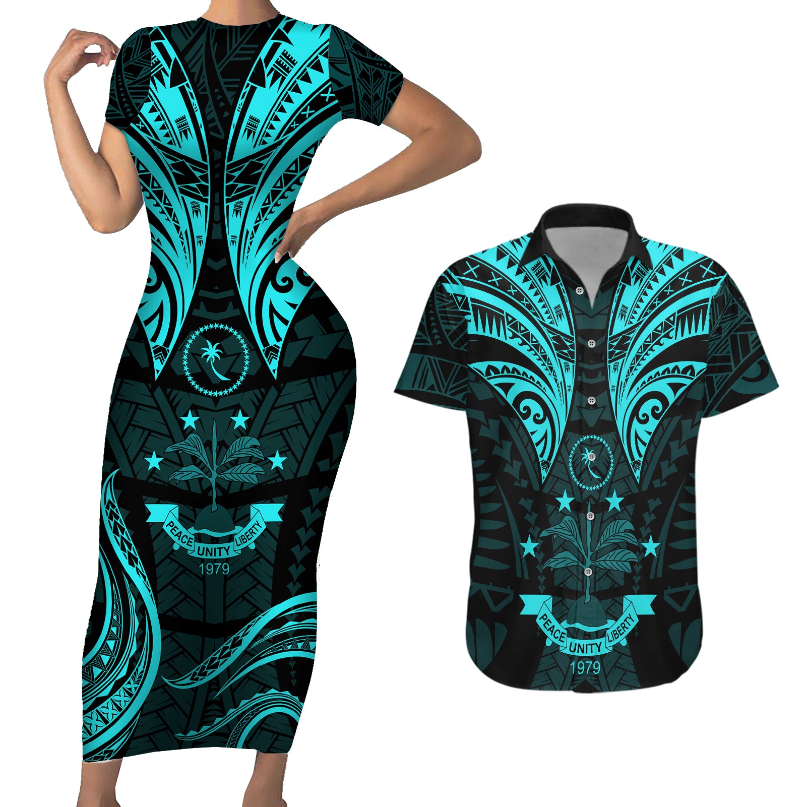 FSM Chuuk States Couples Matching Short Sleeve Bodycon Dress and Hawaiian Shirt Micronesia Vintage Polynesian Tribal Aqua Version LT9 Aqua - Polynesian Pride