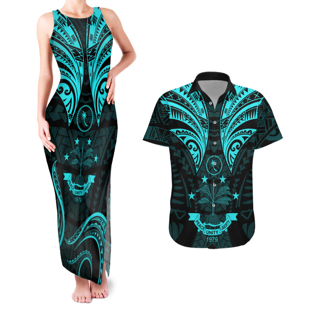 FSM Chuuk States Couples Matching Tank Maxi Dress and Hawaiian Shirt Micronesia Vintage Polynesian Tribal Aqua Version LT9 Aqua - Polynesian Pride