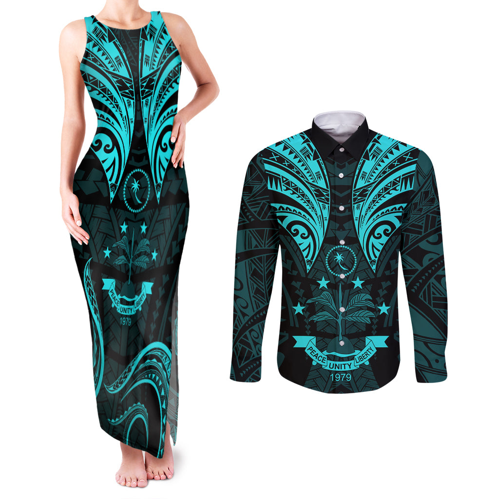 FSM Chuuk States Couples Matching Tank Maxi Dress and Long Sleeve Button Shirts Micronesia Vintage Polynesian Tribal Aqua Version LT9 Aqua - Polynesian Pride