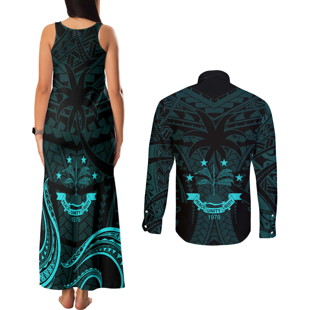 FSM Chuuk States Couples Matching Tank Maxi Dress and Long Sleeve Button Shirts Micronesia Vintage Polynesian Tribal Aqua Version LT9 - Polynesian Pride