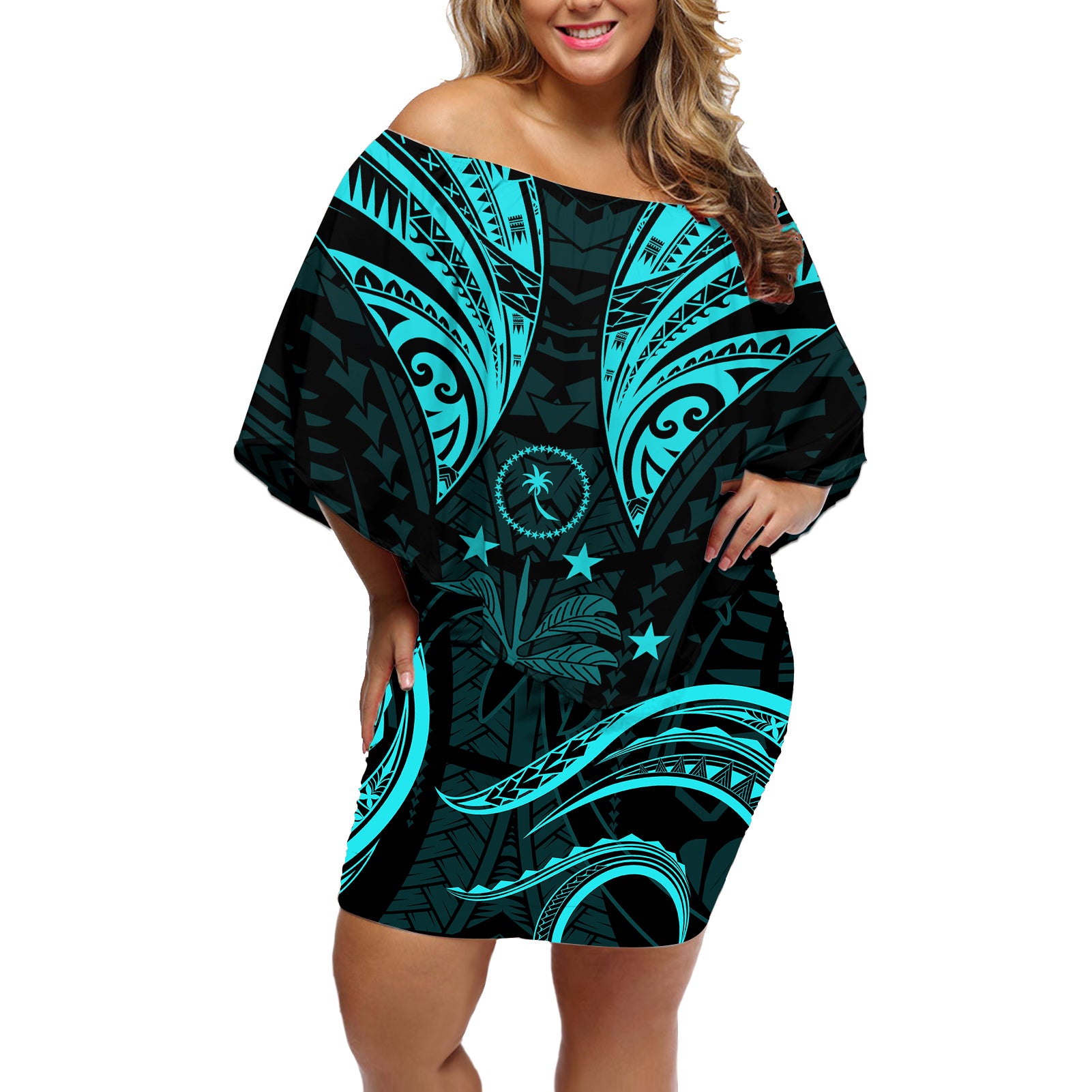 FSM Chuuk States Off Shoulder Short Dress Micronesia Vintage Polynesian Tribal Aqua Version LT9 Women Aqua - Polynesian Pride