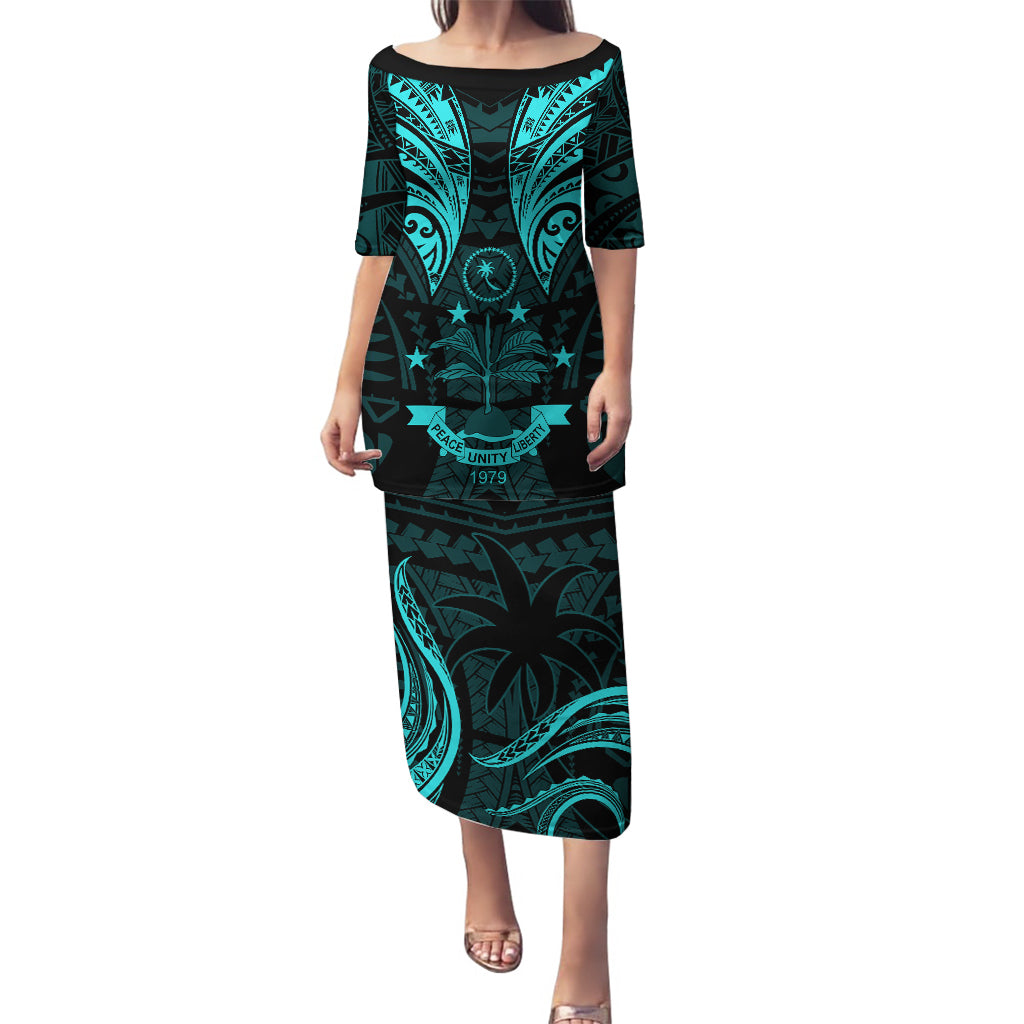 FSM Chuuk States Puletasi Micronesia Vintage Polynesian Tribal Aqua Version LT9 Long Dress Aqua - Polynesian Pride