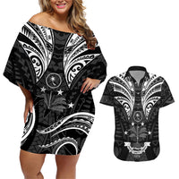 FSM Chuuk States Couples Matching Off Shoulder Short Dress and Hawaiian Shirt Micronesia Vintage Polynesian Tribal Black Version LT9 Black - Polynesian Pride