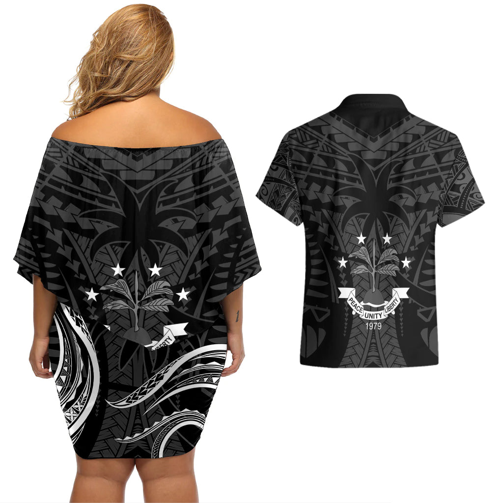 FSM Chuuk States Couples Matching Off Shoulder Short Dress and Hawaiian Shirt Micronesia Vintage Polynesian Tribal Black Version LT9 - Polynesian Pride