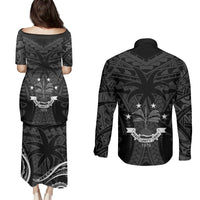 FSM Chuuk States Couples Matching Puletasi Dress and Long Sleeve Button Shirts Micronesia Vintage Polynesian Tribal Black Version LT9 - Polynesian Pride