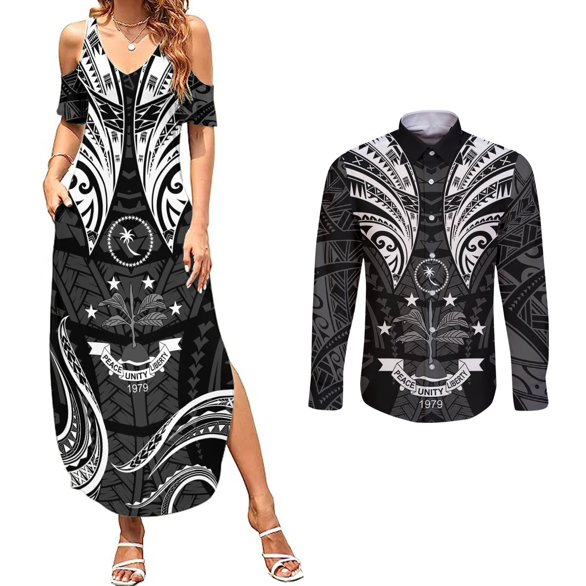 FSM Chuuk States Couples Matching Summer Maxi Dress and Long Sleeve Button Shirts Micronesia Vintage Polynesian Tribal Black Version LT9 Black - Polynesian Pride