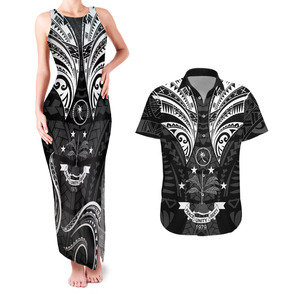 FSM Chuuk States Couples Matching Tank Maxi Dress and Hawaiian Shirt Micronesia Vintage Polynesian Tribal Black Version LT9 Black - Polynesian Pride