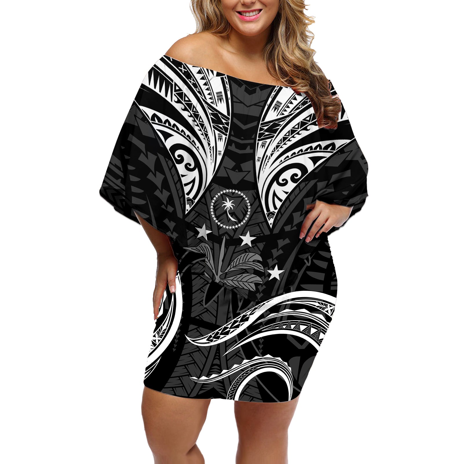 FSM Chuuk States Off Shoulder Short Dress Micronesia Vintage Polynesian Tribal Black Version LT9 Women Black - Polynesian Pride