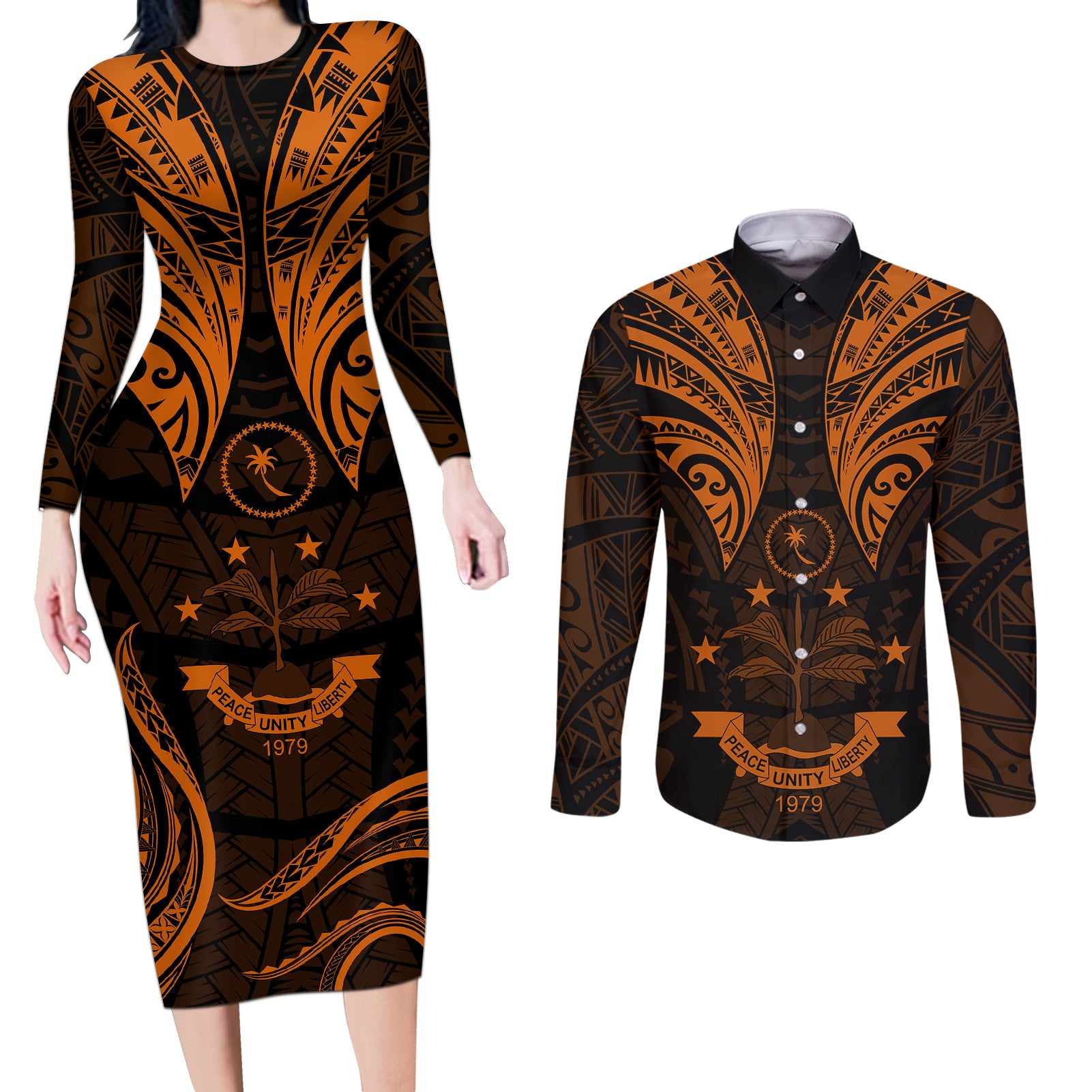 FSM Chuuk States Couples Matching Long Sleeve Bodycon Dress and Long Sleeve Button Shirts Micronesia Vintage Polynesian Tribal Gold Version LT9 Gold - Polynesian Pride