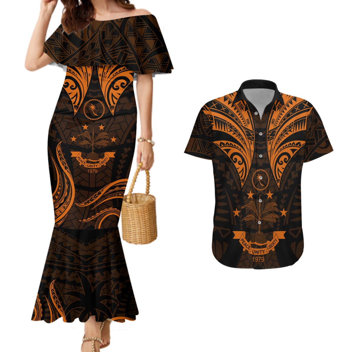 FSM Chuuk States Couples Matching Mermaid Dress and Hawaiian Shirt Micronesia Vintage Polynesian Tribal Gold Version LT9 Gold - Polynesian Pride