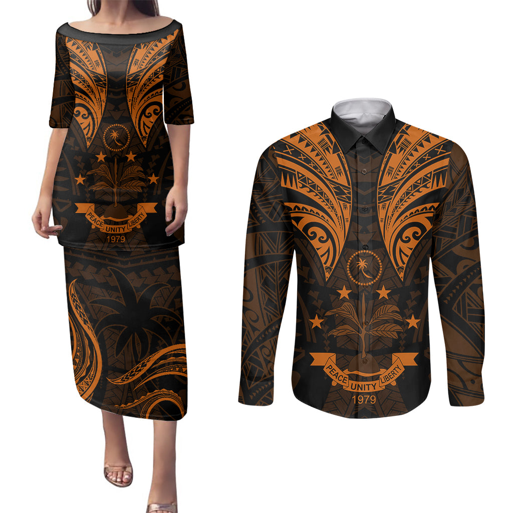 FSM Chuuk States Couples Matching Puletasi Dress and Long Sleeve Button Shirts Micronesia Vintage Polynesian Tribal Gold Version LT9 Gold - Polynesian Pride