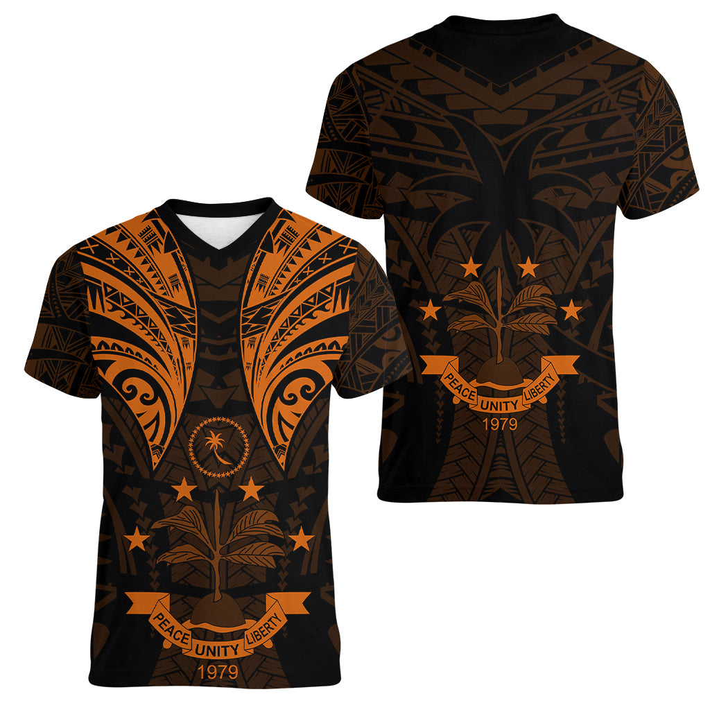 FSM Chuuk States Women V Neck T Shirt Micronesia Vintage Polynesian Tribal Gold Version LT9 - Polynesian Pride