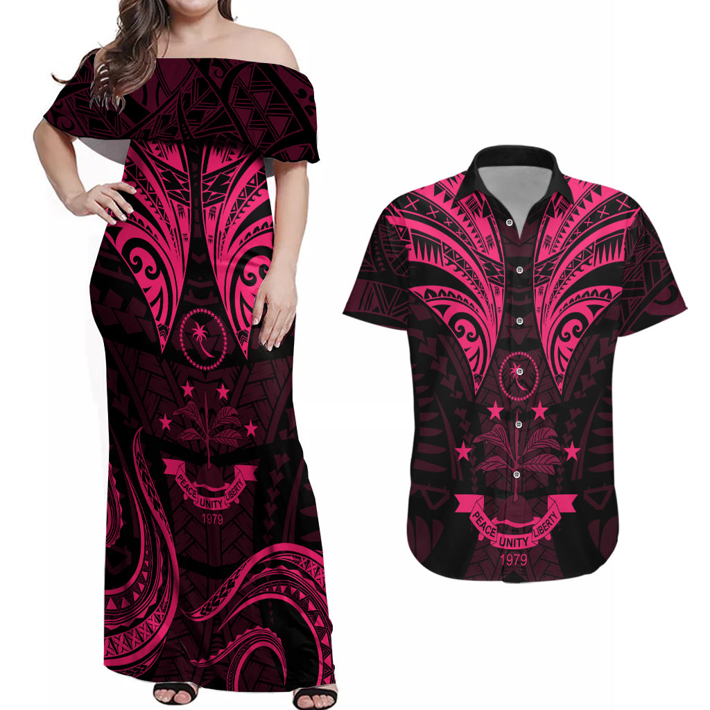 FSM Chuuk States Couples Matching Off Shoulder Maxi Dress and Hawaiian Shirt Micronesia Vintage Polynesian Tribal Pink Version LT9 Pink - Polynesian Pride