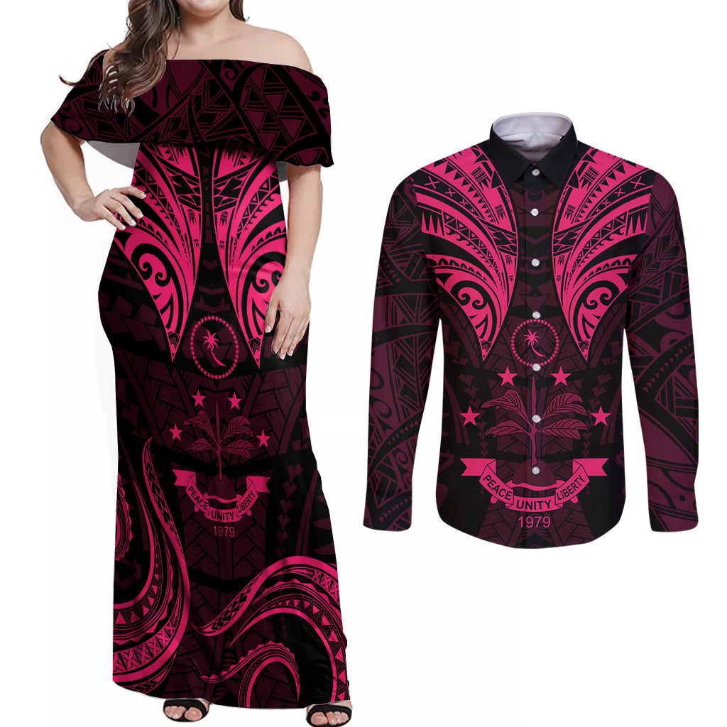 FSM Chuuk States Couples Matching Off Shoulder Maxi Dress and Long Sleeve Button Shirts Micronesia Vintage Polynesian Tribal Pink Version LT9 Pink - Polynesian Pride