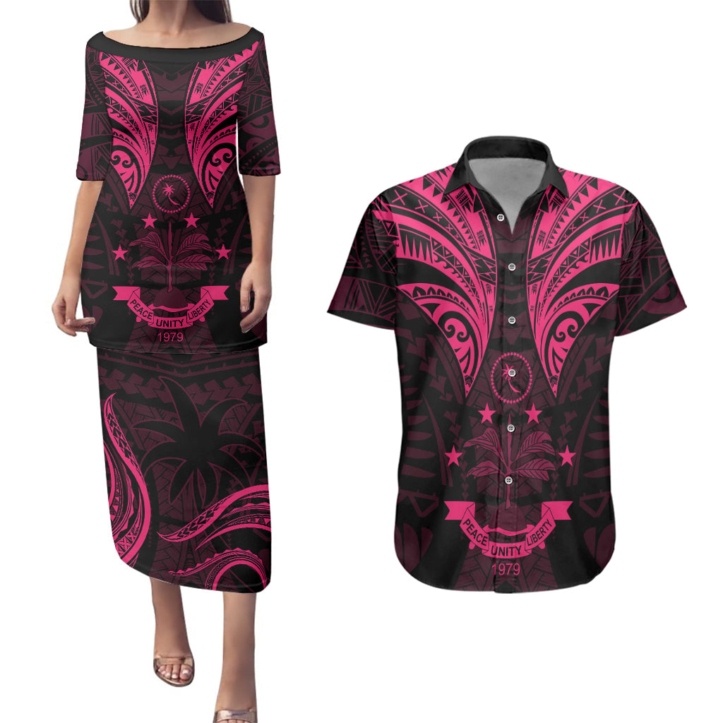 FSM Chuuk States Couples Matching Puletasi Dress and Hawaiian Shirt Micronesia Vintage Polynesian Tribal Pink Version LT9 Pink - Polynesian Pride