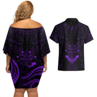 FSM Chuuk States Couples Matching Off Shoulder Short Dress and Hawaiian Shirt Micronesia Vintage Polynesian Tribal Purple Version LT9 - Polynesian Pride