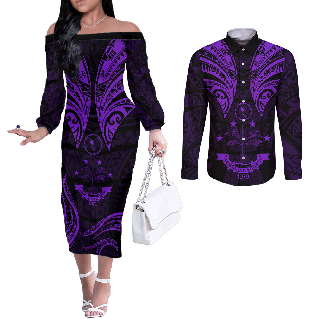 FSM Chuuk States Couples Matching Off The Shoulder Long Sleeve Dress and Long Sleeve Button Shirts Micronesia Vintage Polynesian Tribal Purple Version LT9 Purple - Polynesian Pride
