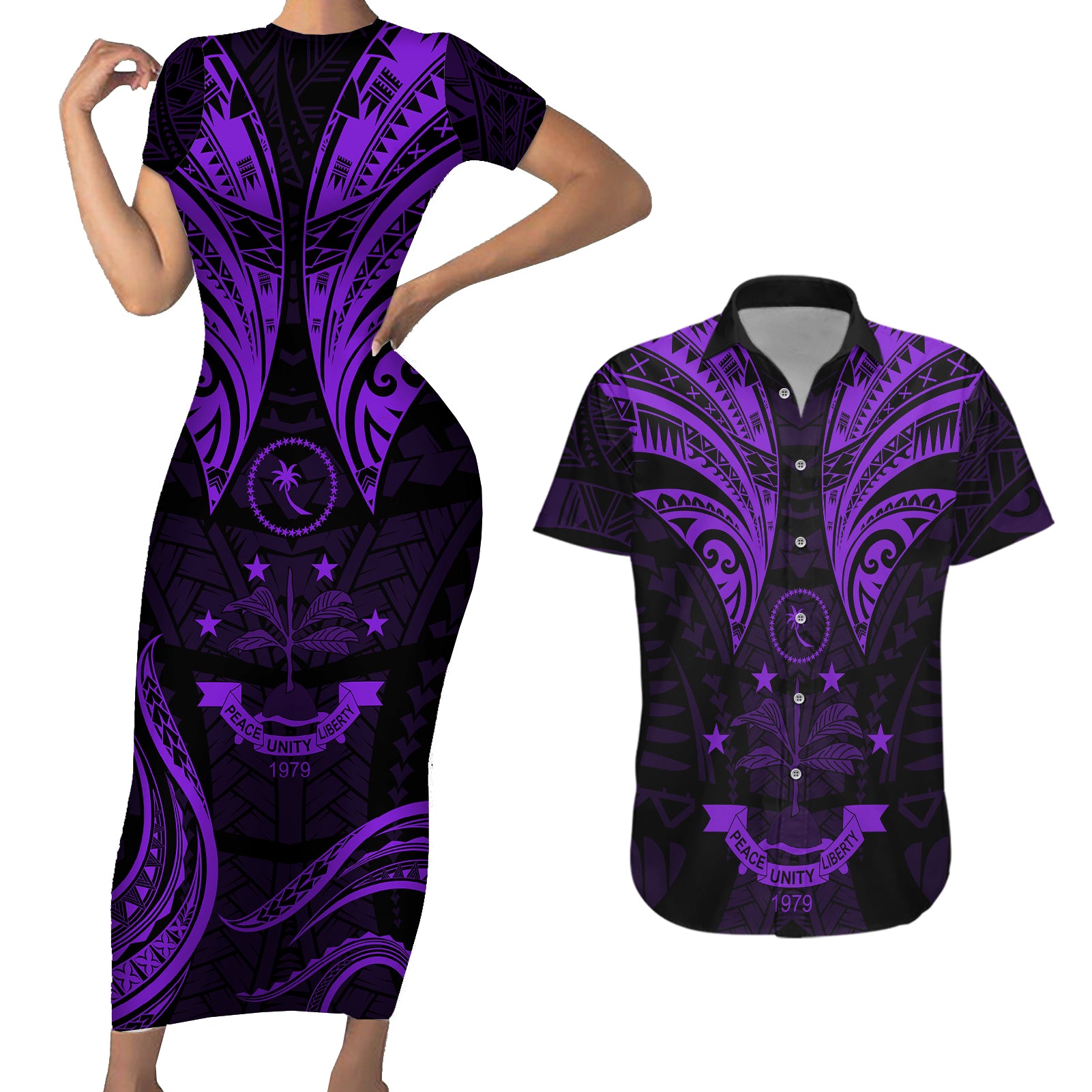 FSM Chuuk States Couples Matching Short Sleeve Bodycon Dress and Hawaiian Shirt Micronesia Vintage Polynesian Tribal Purple Version LT9 Purple - Polynesian Pride