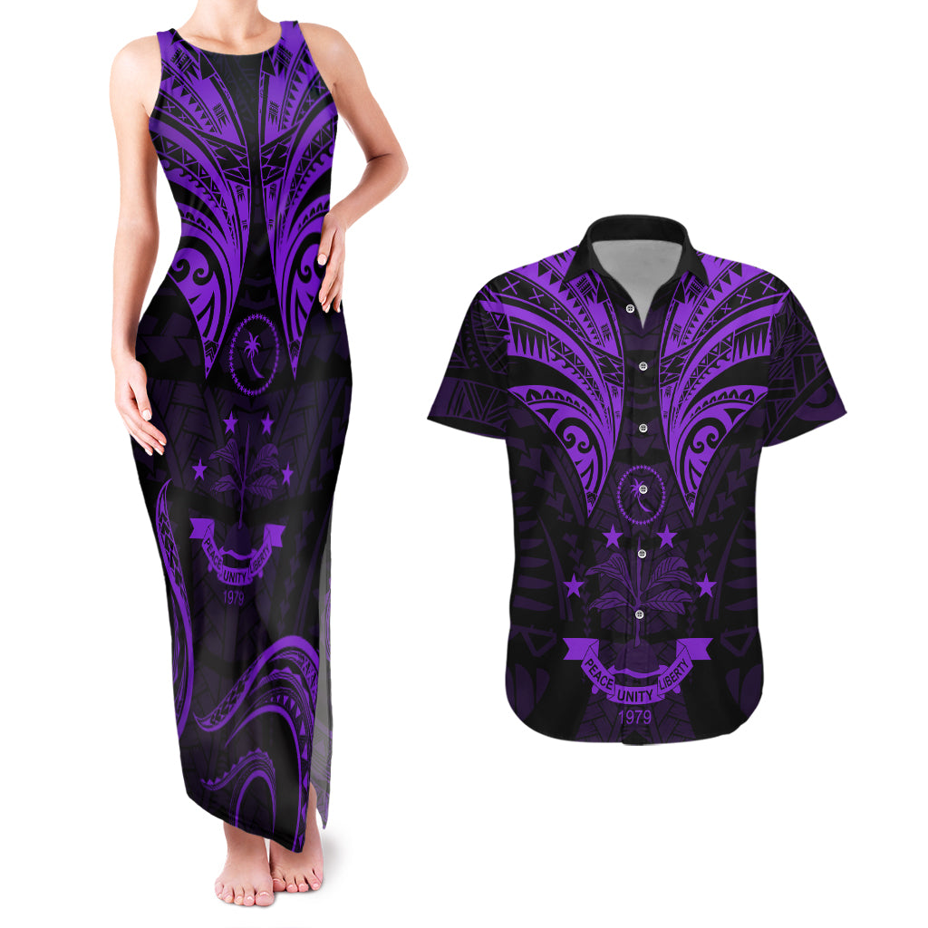 FSM Chuuk States Couples Matching Tank Maxi Dress and Hawaiian Shirt Micronesia Vintage Polynesian Tribal Purple Version LT9 Purple - Polynesian Pride