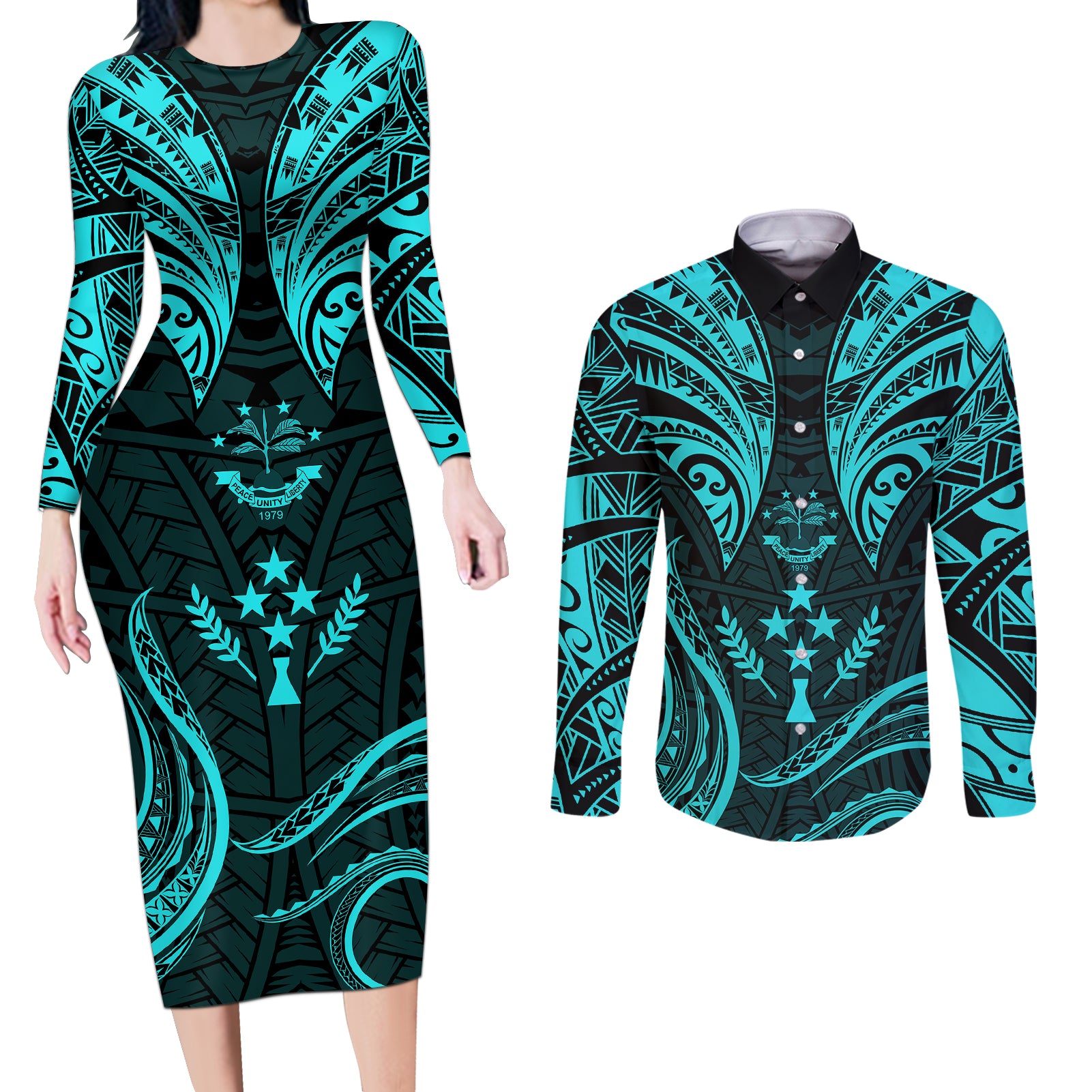 FSM Kosrae States Couples Matching Long Sleeve Bodycon Dress and Long Sleeve Button Shirts Micronesia Vintage Polynesian Tribal Aqua Version LT9 Aqua - Polynesian Pride