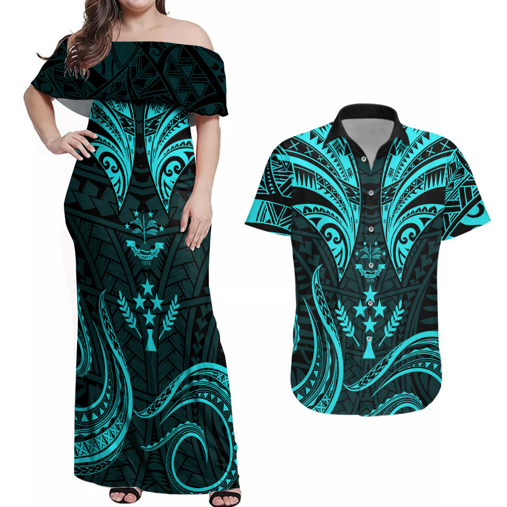 FSM Kosrae States Couples Matching Off Shoulder Maxi Dress and Hawaiian Shirt Micronesia Vintage Polynesian Tribal Aqua Version LT9 Aqua - Polynesian Pride