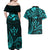 FSM Kosrae States Couples Matching Off Shoulder Maxi Dress and Hawaiian Shirt Micronesia Vintage Polynesian Tribal Aqua Version LT9 - Polynesian Pride