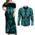 FSM Kosrae States Couples Matching Off Shoulder Maxi Dress and Long Sleeve Button Shirts Micronesia Vintage Polynesian Tribal Aqua Version LT9 Aqua - Polynesian Pride