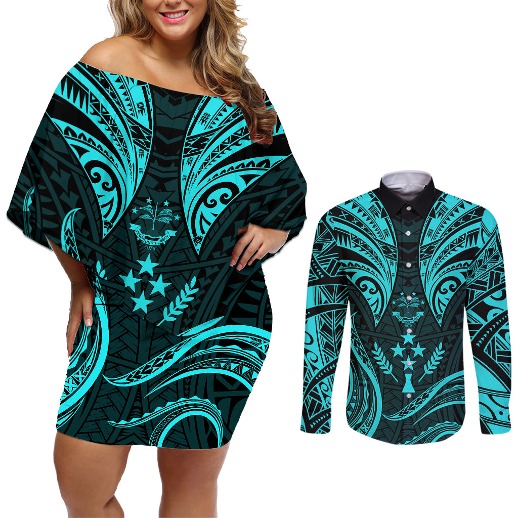 FSM Kosrae States Couples Matching Off Shoulder Short Dress and Long Sleeve Button Shirts Micronesia Vintage Polynesian Tribal Aqua Version LT9 Aqua - Polynesian Pride