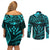 FSM Kosrae States Couples Matching Off Shoulder Short Dress and Long Sleeve Button Shirts Micronesia Vintage Polynesian Tribal Aqua Version LT9 - Polynesian Pride