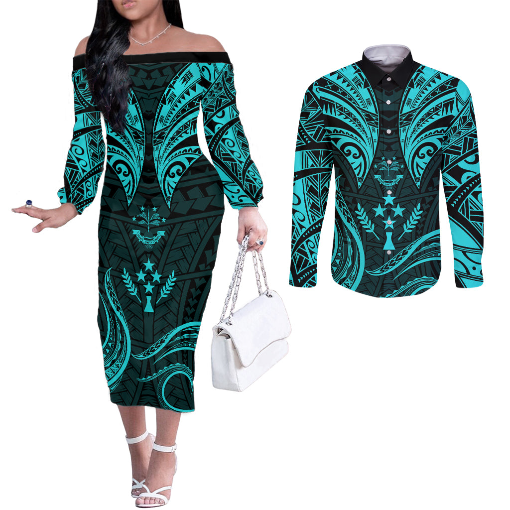 FSM Kosrae States Couples Matching Off The Shoulder Long Sleeve Dress and Long Sleeve Button Shirts Micronesia Vintage Polynesian Tribal Aqua Version LT9 Aqua - Polynesian Pride