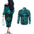 FSM Kosrae States Couples Matching Off The Shoulder Long Sleeve Dress and Long Sleeve Button Shirts Micronesia Vintage Polynesian Tribal Aqua Version LT9 - Polynesian Pride