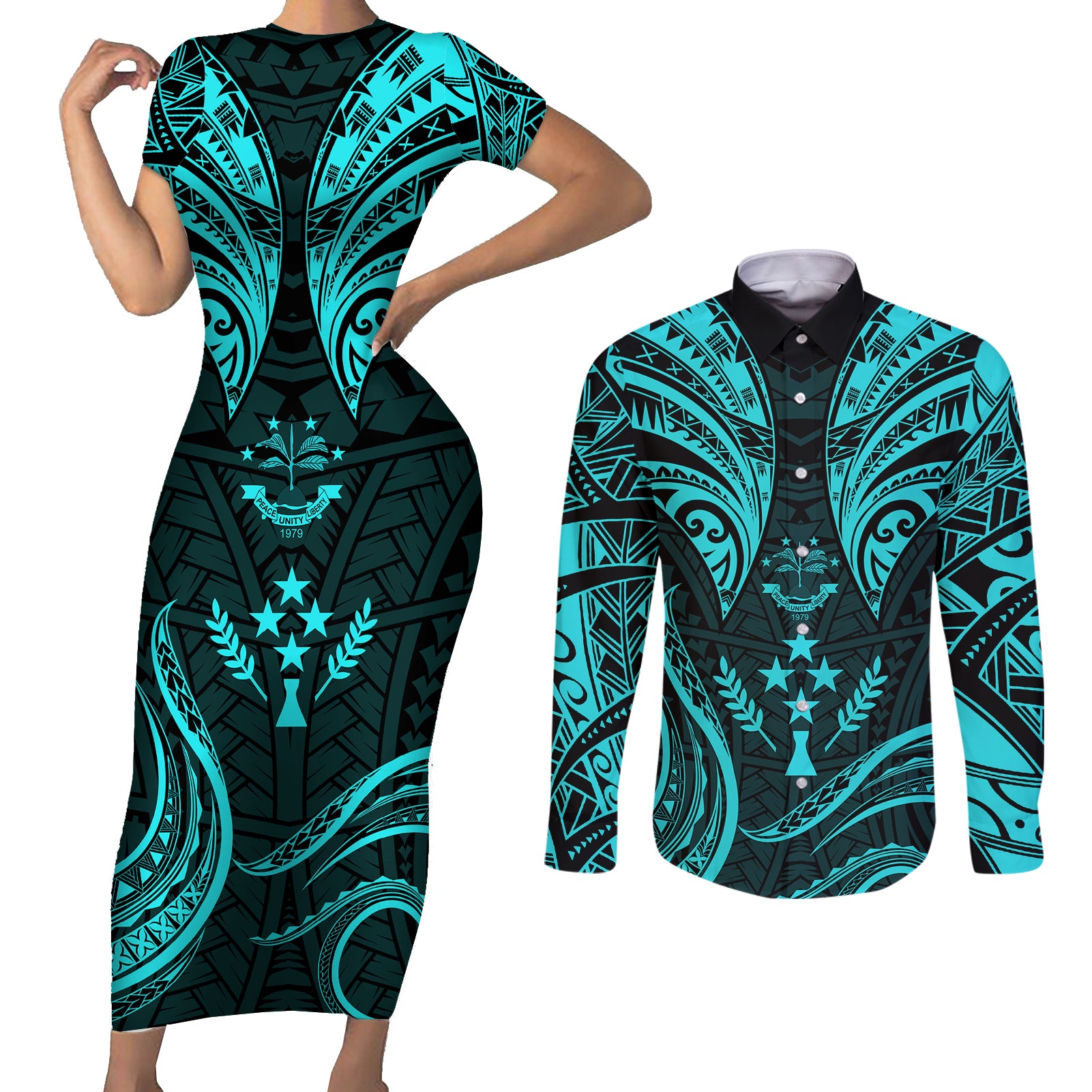 FSM Kosrae States Couples Matching Short Sleeve Bodycon Dress and Long Sleeve Button Shirts Micronesia Vintage Polynesian Tribal Aqua Version LT9 Aqua - Polynesian Pride